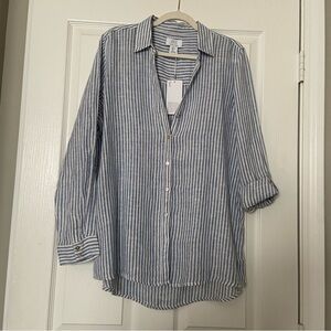 JNY Women’s Blue and White Striped Linen Button Front Shirt